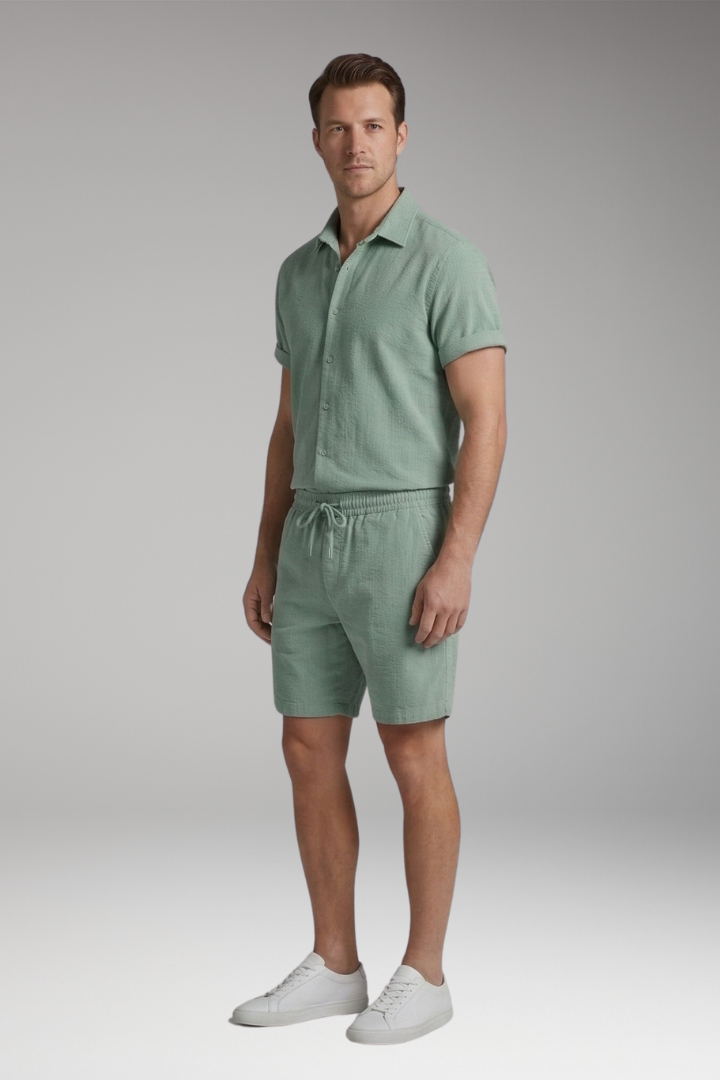 Men's Two-Piece Set with Short-Sleeve Shirt and Drawstring Shorts