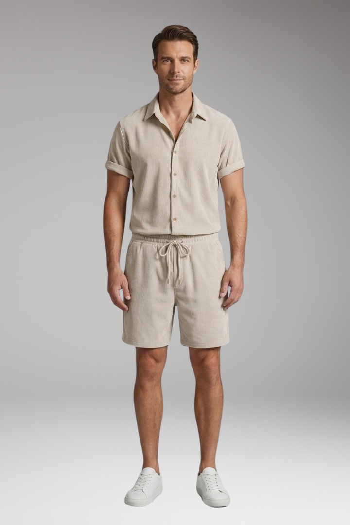 Men's Two-Piece Set with Short-Sleeve Shirt and Drawstring Shorts