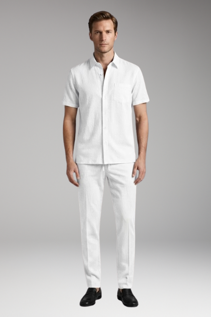 Men’s Two-Piece Set with Short-Sleeve Shirt and Slim-Fit Trousers