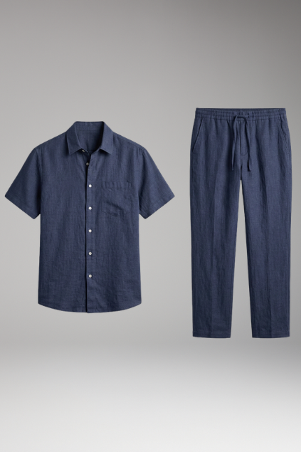 Men’s Two-Piece Set with Short-Sleeve Shirt and Slim-Fit Trousers
