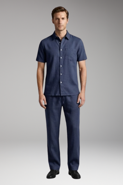Men’s Two-Piece Set with Short-Sleeve Shirt and Slim-Fit Trousers