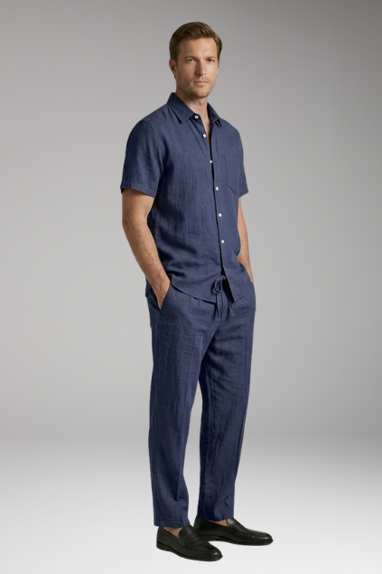 Men’s Two-Piece Set with Short-Sleeve Shirt and Slim-Fit Trousers