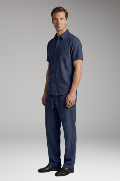 Men’s Two-Piece Set with Short-Sleeve Shirt and Slim-Fit Trousers