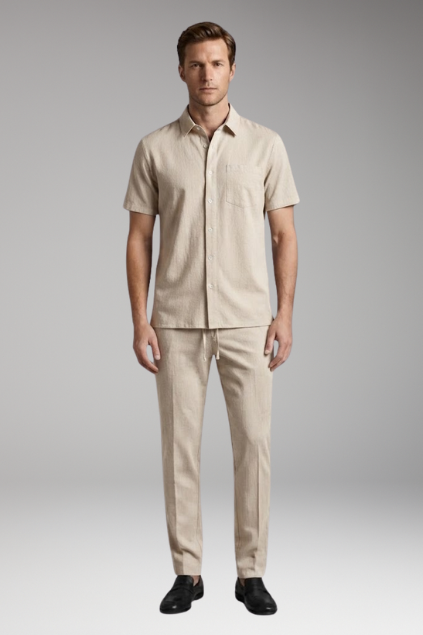 Men’s Two-Piece Set with Short-Sleeve Shirt and Slim-Fit Trousers
