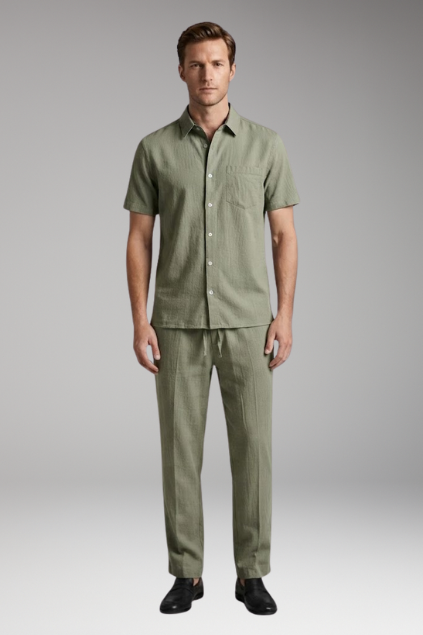 Men’s Two-Piece Set with Short-Sleeve Shirt and Slim-Fit Trousers