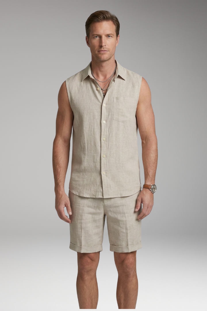 Men's Two-Piece Set with Sleeveless Button-Up and Straight-Hem Shorts