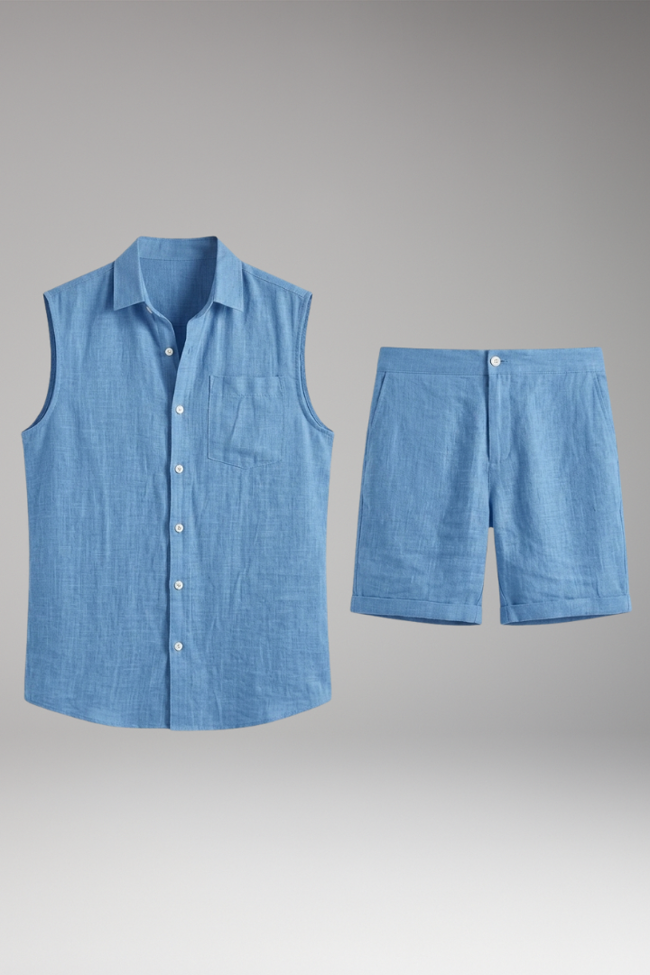 Men's Two-Piece Set with Sleeveless Button-Up and Straight-Hem Shorts