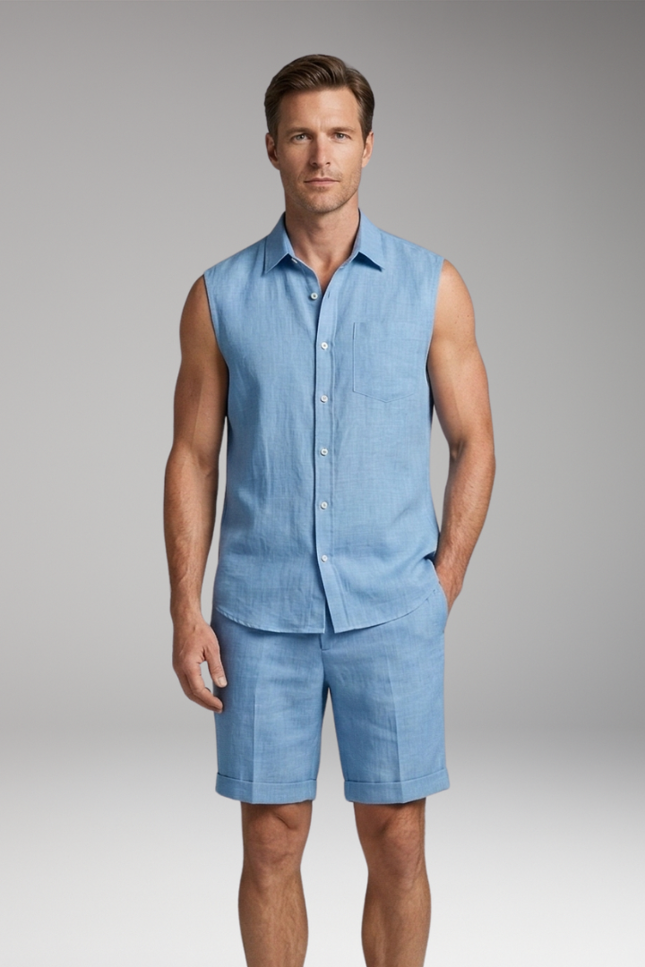 Men's Two-Piece Set with Sleeveless Button-Up and Straight-Hem Shorts