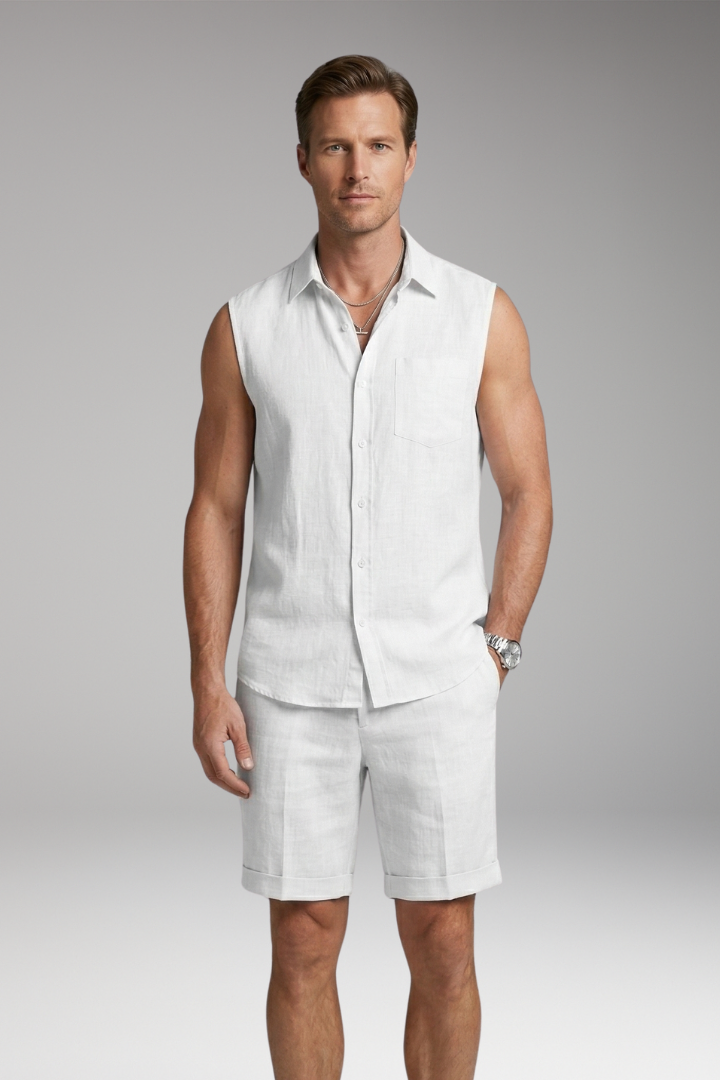 Men's Two-Piece Set with Sleeveless Button-Up and Straight-Hem Shorts