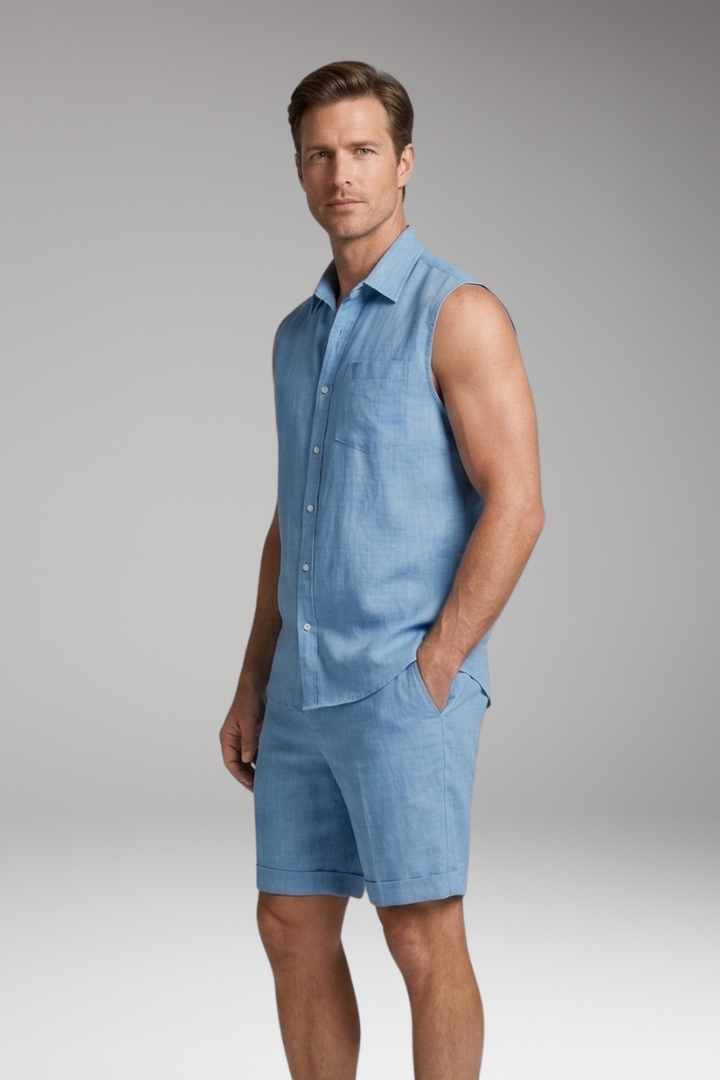 Men's Two-Piece Set with Sleeveless Button-Up and Straight-Hem Shorts