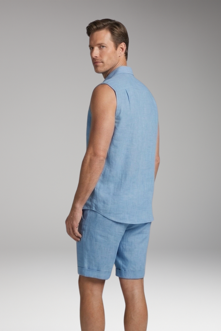 Men's Two-Piece Set with Sleeveless Button-Up and Straight-Hem Shorts