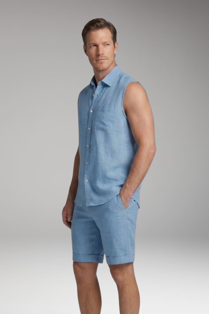 Men's Two-Piece Set with Sleeveless Button-Up and Straight-Hem Shorts