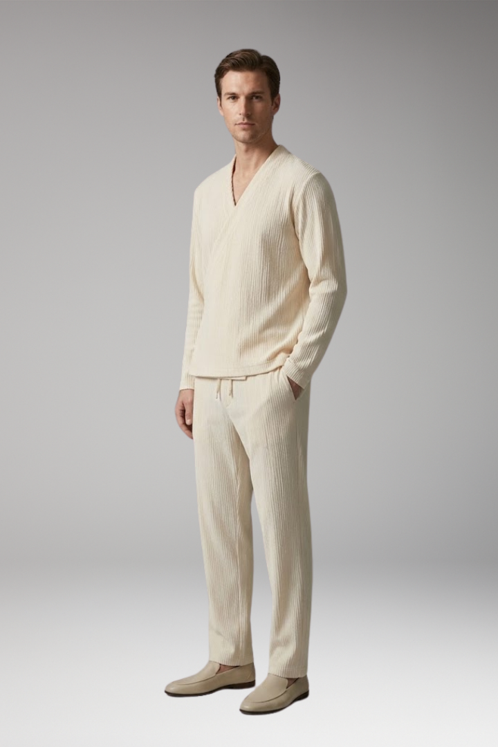 Men’s Two-Piece Set with V-Neck Top and Relaxed Fit Trousers