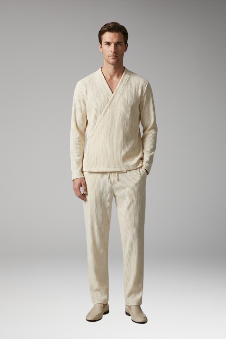 Men’s Two-Piece Set with V-Neck Top and Relaxed Fit Trousers