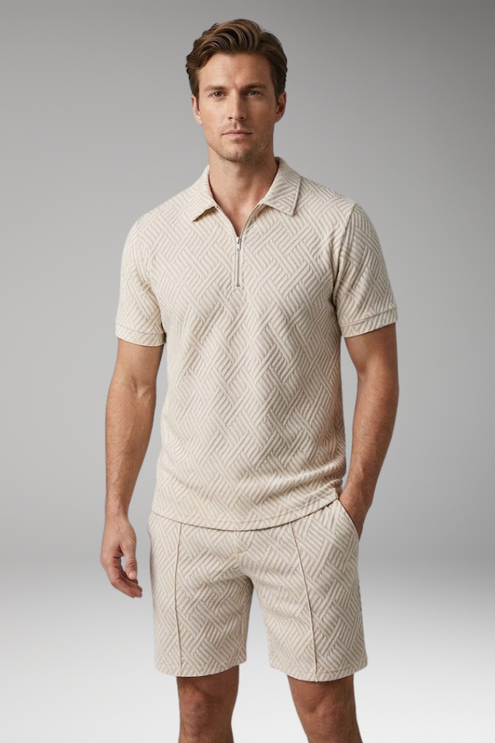 Men’s Two-Piece Suit with Zip-Up Shirt and Matching Shorts