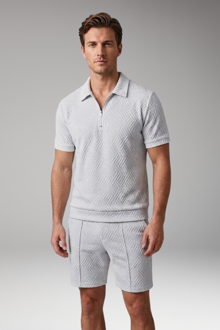 Men’s Two-Piece Suit with Zip-Up Shirt and Matching Shorts