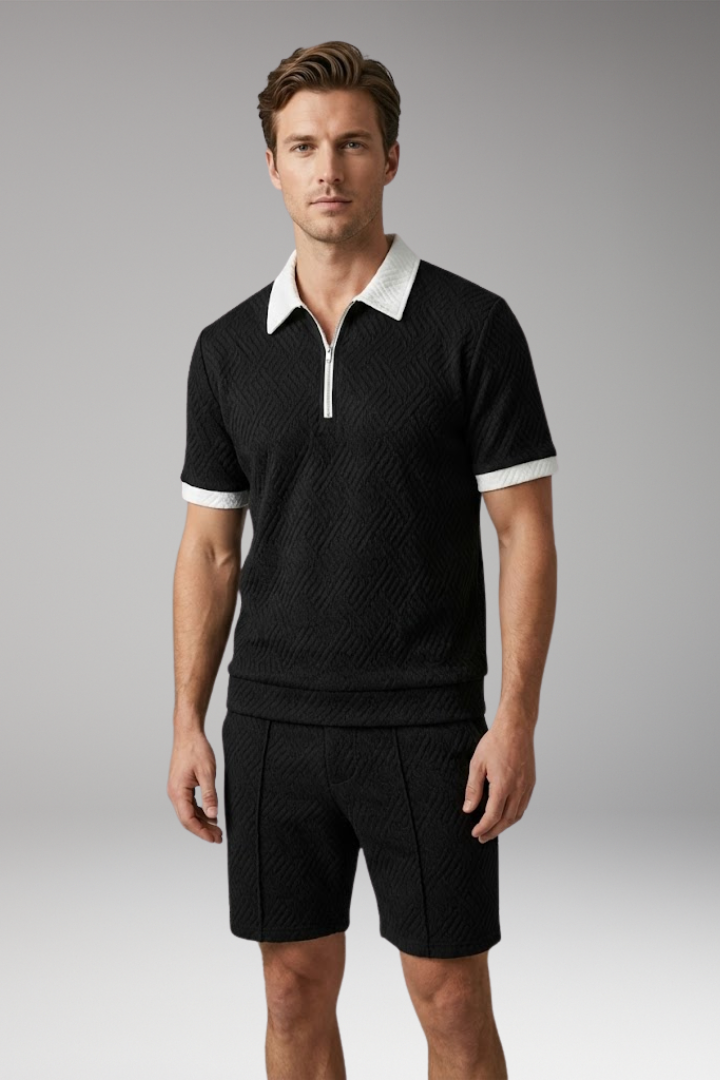 Men’s Two-Piece Suit with Zip-Up Shirt and Matching Shorts
