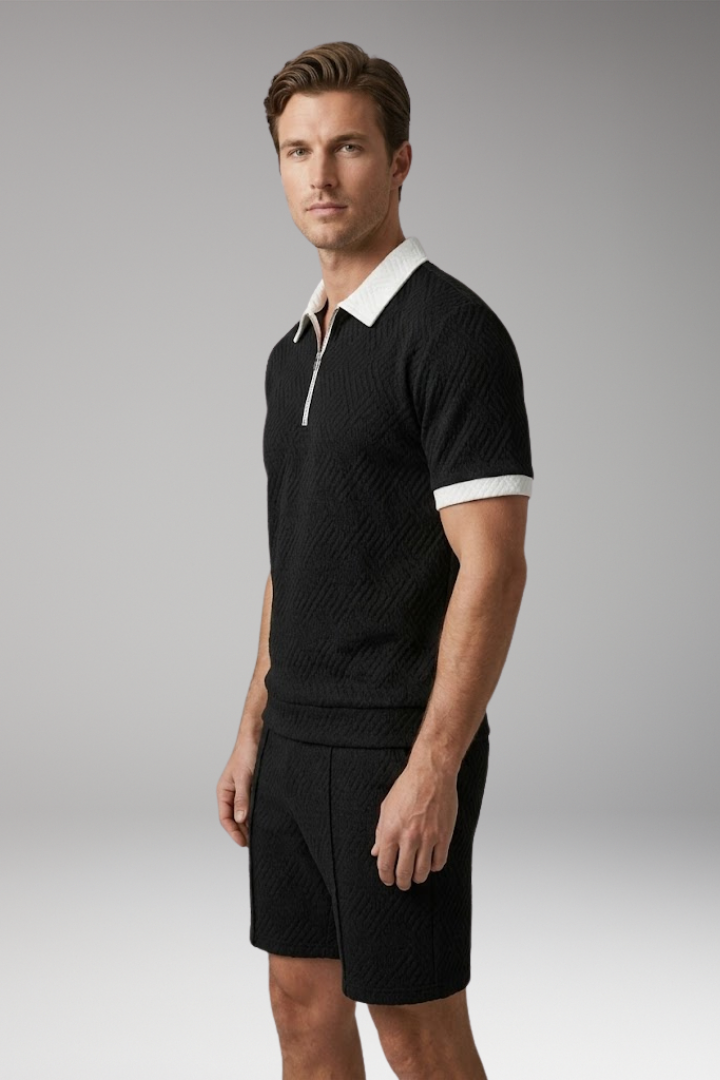 Men’s Two-Piece Suit with Zip-Up Shirt and Matching Shorts