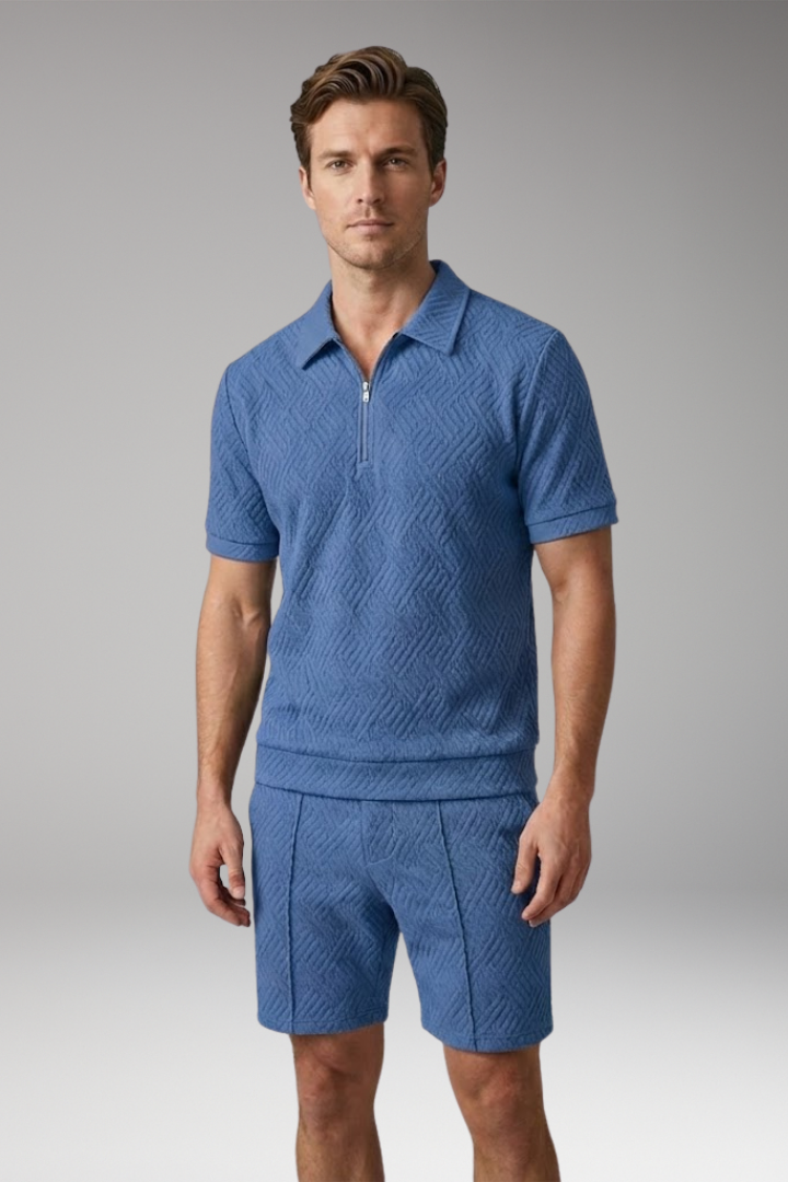 Men’s Two-Piece Suit with Zip-Up Shirt and Matching Shorts