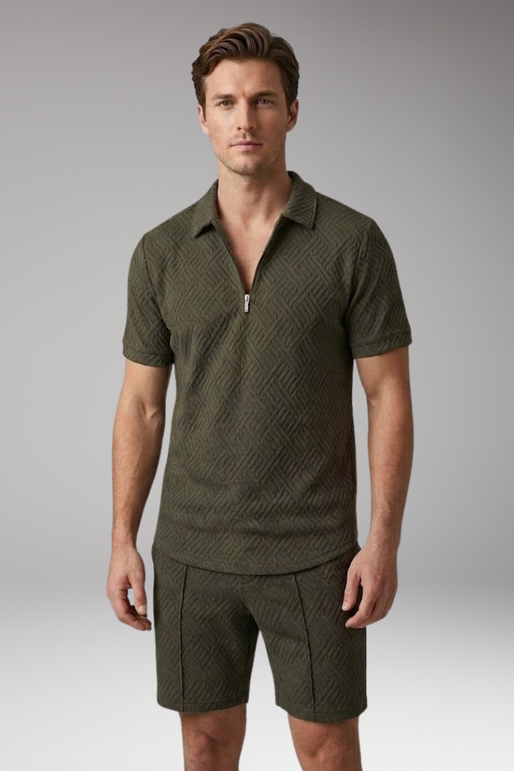 Men’s Two-Piece Suit with Zip-Up Shirt and Matching Shorts