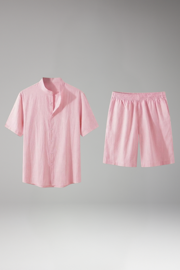Men's Two Piece Set with Button Shirt and Elastic Waist Shorts