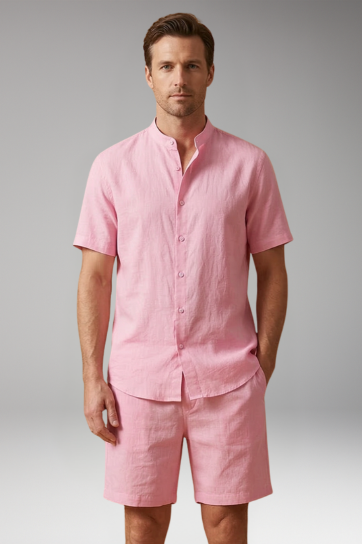 Men's Two Piece Set with Button Shirt and Elastic Waist Shorts