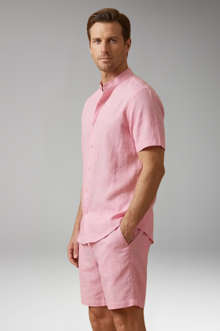 Men's Two Piece Set with Button Shirt and Elastic Waist Shorts