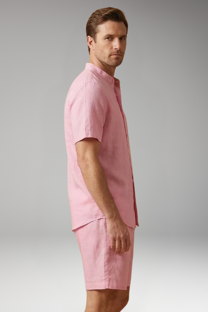 Men's Two Piece Set with Button Shirt and Elastic Waist Shorts