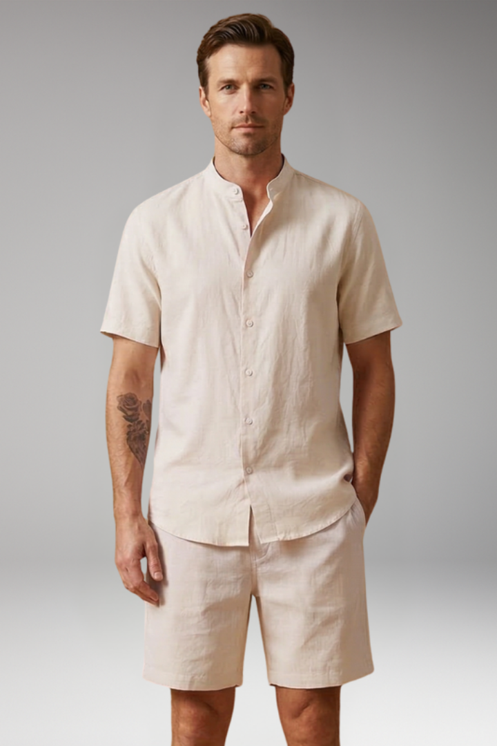 Men's Two Piece Set with Button Shirt and Elastic Waist Shorts