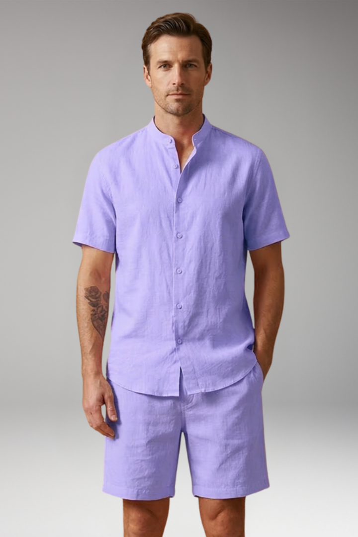 Men's Two Piece Set with Button Shirt and Elastic Waist Shorts