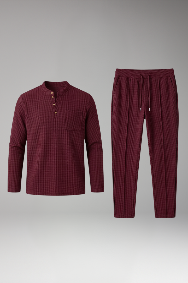 Men's Two Piece Set with Long Sleeve Henley Shirt