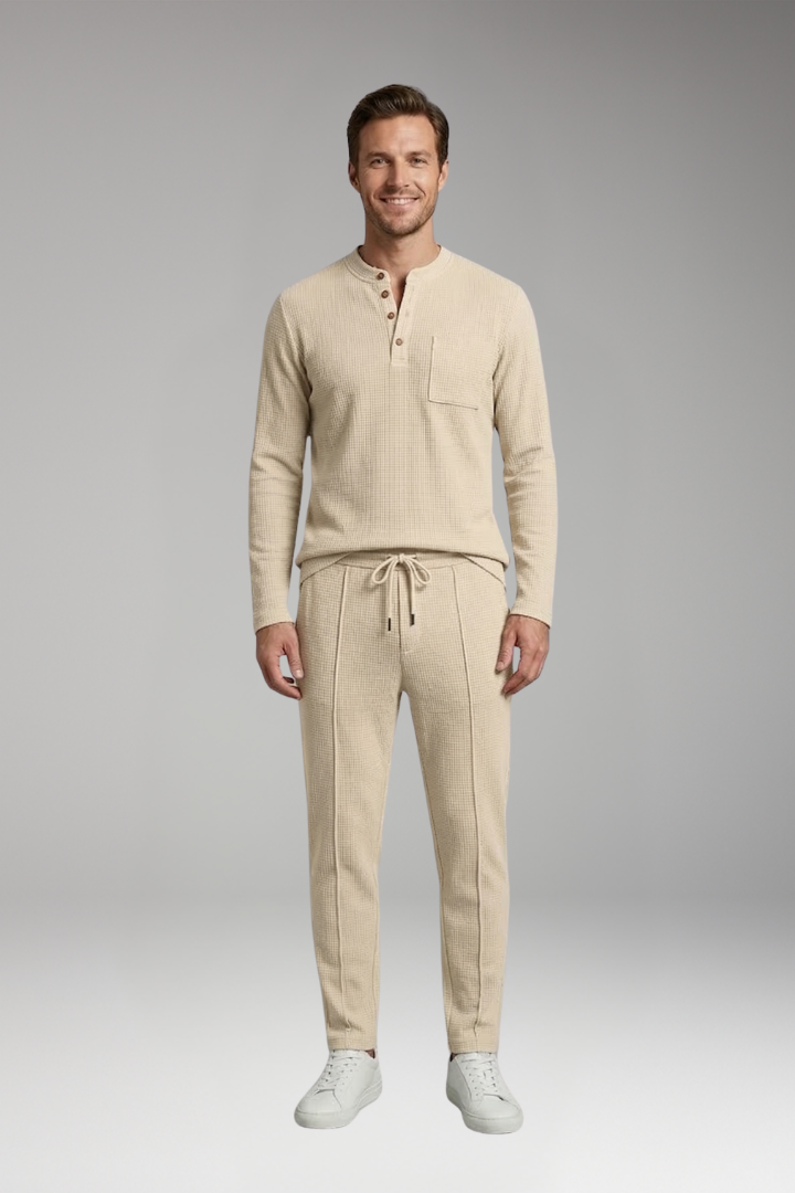 Men's Two Piece Set with Long Sleeve Henley Shirt