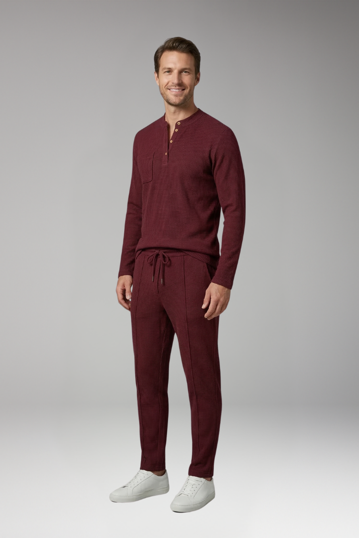 Men's Two Piece Set with Long Sleeve Henley Shirt