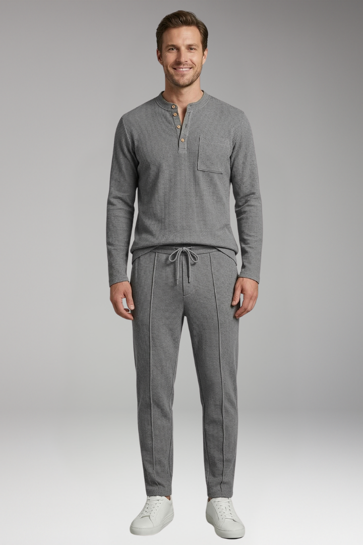 Men's Two Piece Set with Long Sleeve Henley Shirt