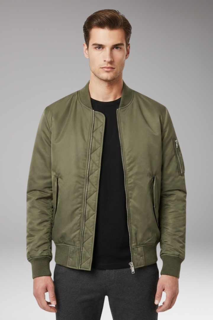 Men’s Urban Bomber Jacket with Zipper and Multiple Pockets