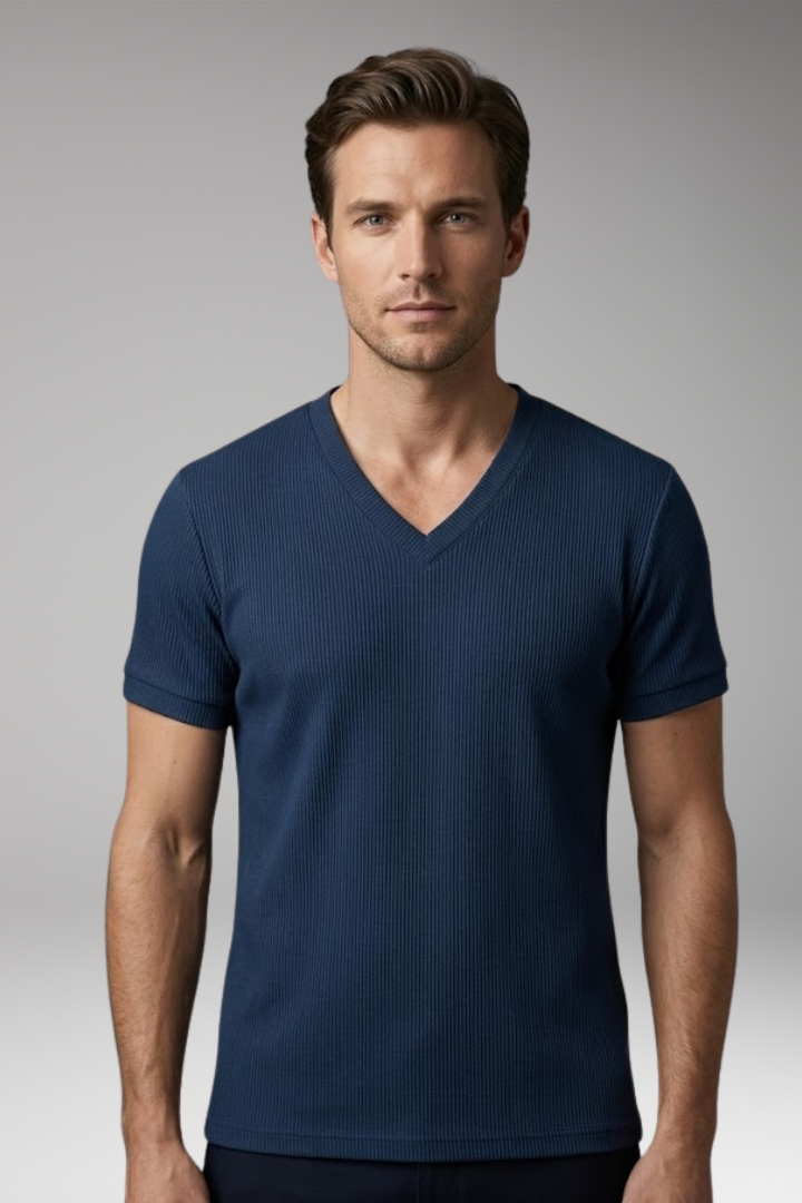 Men's V-Neck T-shirt with Ribbed Texture and Short Sleeves