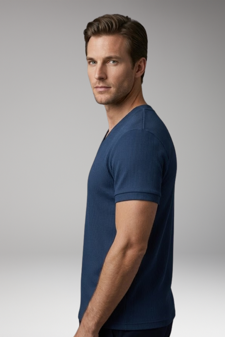 Men's V-Neck T-shirt with Ribbed Texture and Short Sleeves