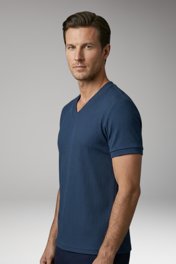Men's V-Neck T-shirt with Ribbed Texture and Short Sleeves