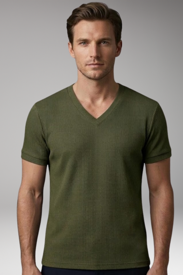 Men's V-Neck T-shirt with Ribbed Texture and Short Sleeves