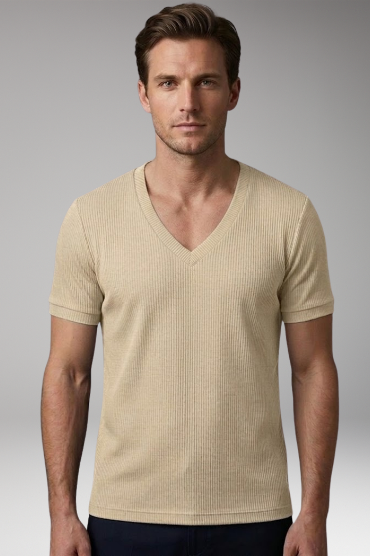 Men's V-Neck T-shirt with Ribbed Texture and Short Sleeves