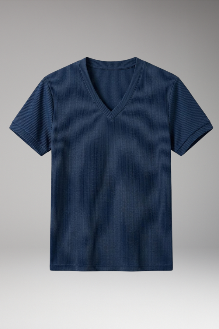 Men's V-Neck T-shirt with Ribbed Texture and Short Sleeves