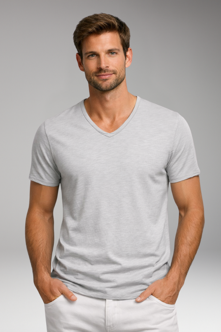 Men's V Neck T-Shirt with Short Sleeves and Plain Surface