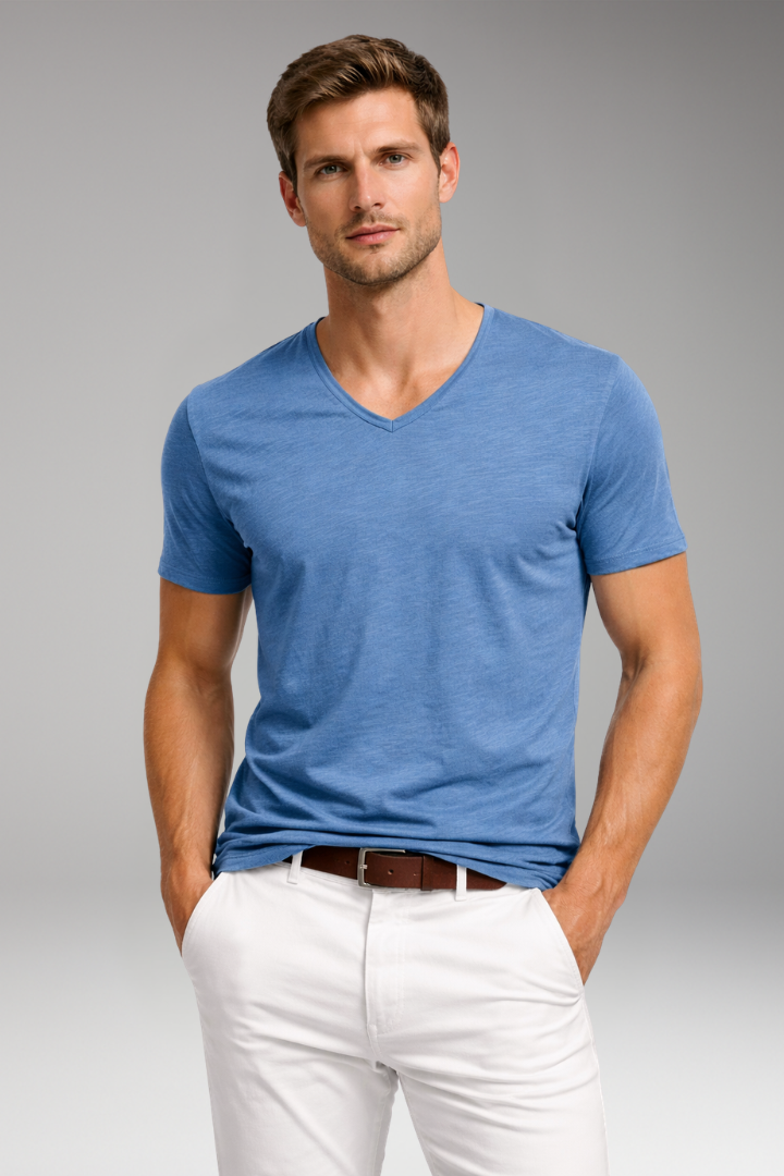 Men's V Neck T-Shirt with Short Sleeves and Plain Surface