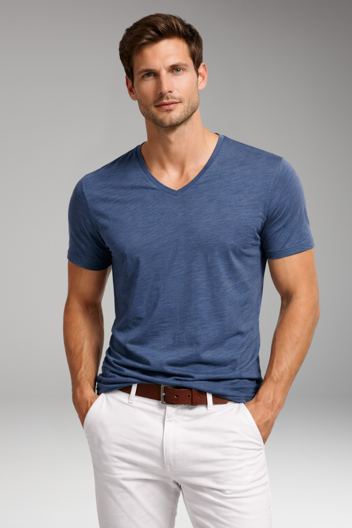 Men's V Neck T-Shirt with Short Sleeves and Plain Surface