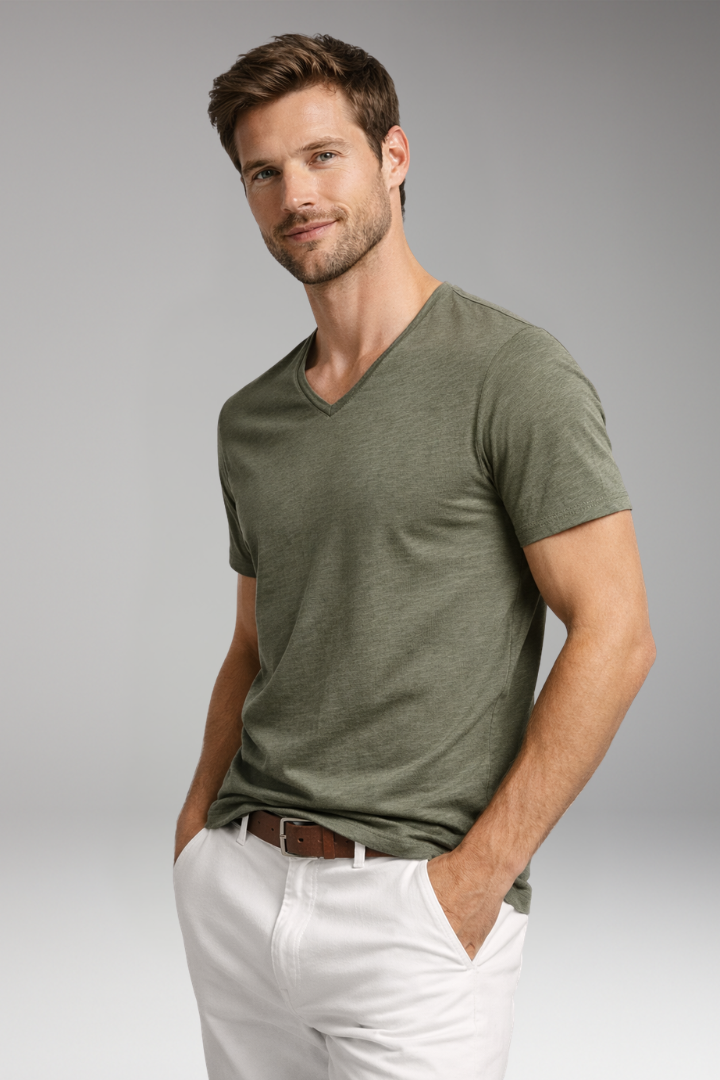 Men's V Neck T-Shirt with Short Sleeves and Plain Surface