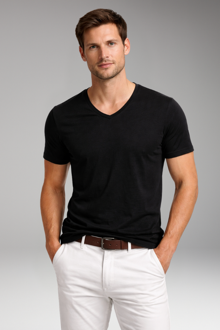 Men's V Neck T-Shirt with Short Sleeves and Plain Surface