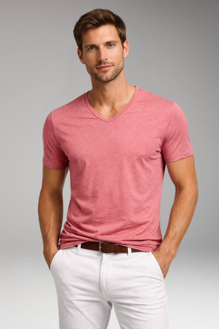 Men's V Neck T-Shirt with Short Sleeves and Plain Surface