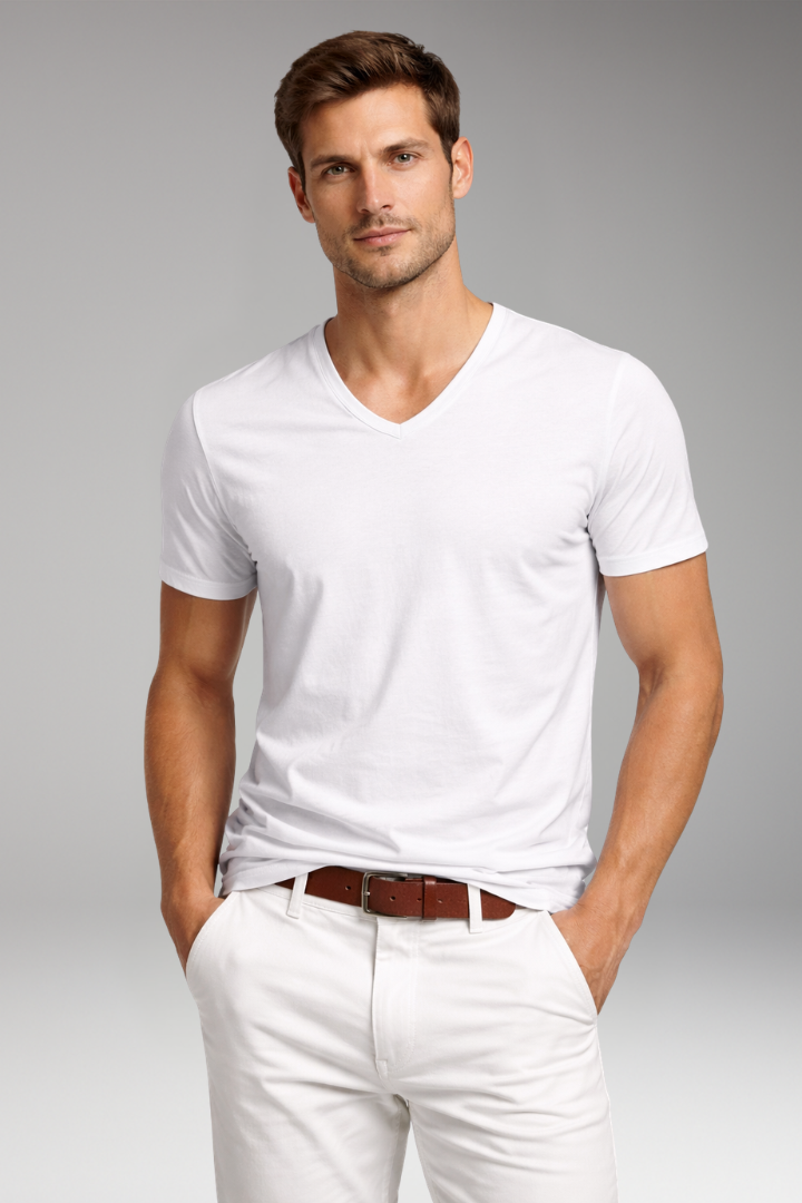 Men's V Neck T-Shirt with Short Sleeves and Plain Surface