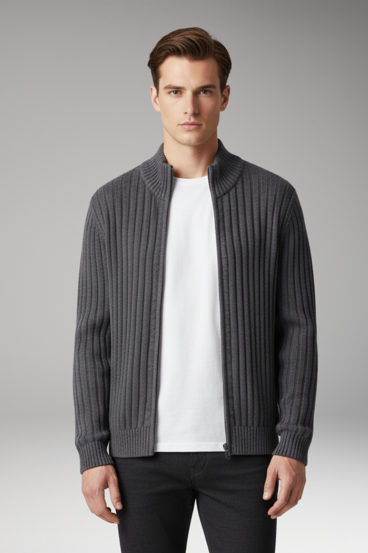 Men’s Zip Cardigan with Ribbed Surface and Front Pockets