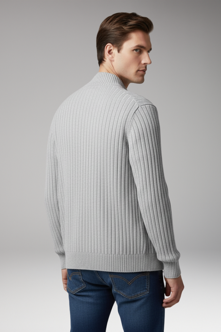 Men’s Zip Cardigan with Ribbed Surface and Front Pockets